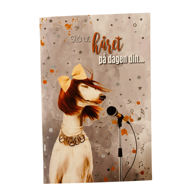 Gratulasjonskort dobbelt m/konvolutt hund m/parykk