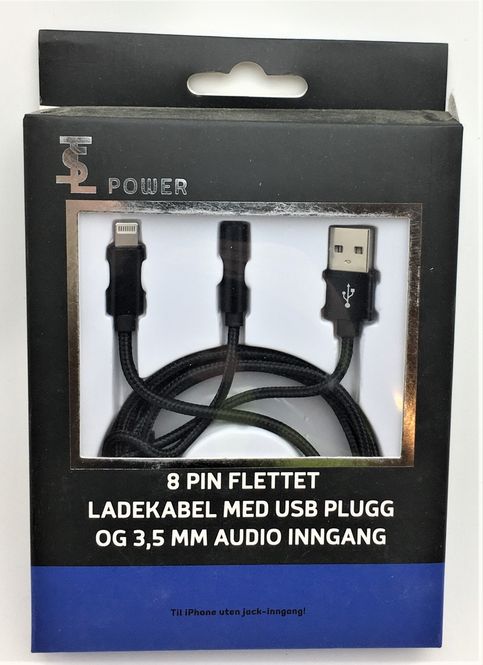 Hovedbilde Ladekabel med USB plugg og 3,5 mm audio inngang
