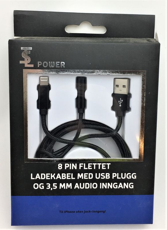 Ladekabel med USB plugg og 3,5 mm audio inngang