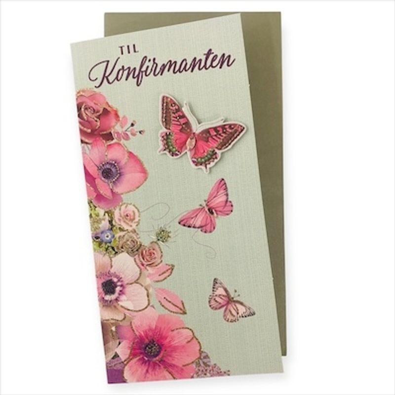 Konfirmasjonskort dobbelt med konvolutt, Stort, Blomster og sommerfugler med pålimte effekter