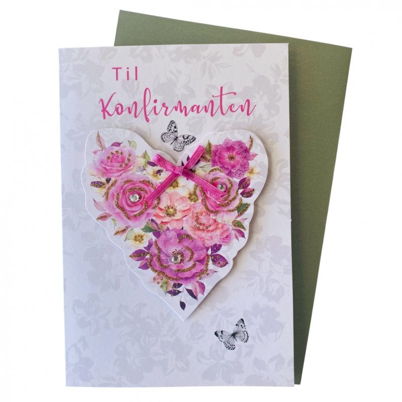 Konfirmasjonskort dobbelt med konvolutt Hjerte med blomster